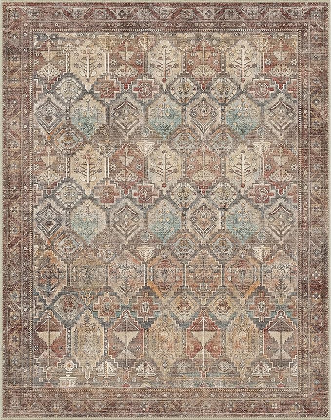 Bavni Washable Rug 5x7 Area Rug for Living Room Bedroom Dining, Washable Vintage Print Carpet, Ultra-Thin Low Pile Lightweight Rug with Non Slip Backing, Reddish Brown