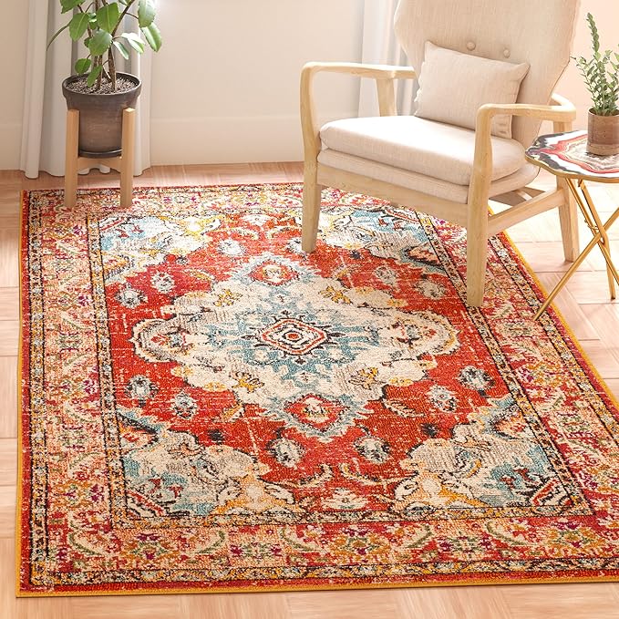 SAFAVIEH Monaco Collection Area Rug - 3' Square, Orange & Light Blue, Boho Chic Medallion Distressed Design, Non-Shedding & Easy Care, Ideal for High Traffic Areas in Living Room, Bedroom (MNC243H)