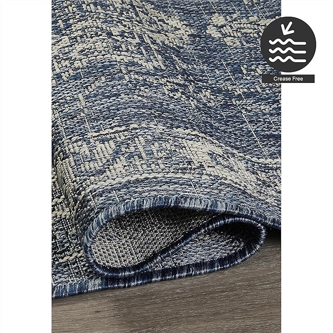 FH Home Outdoor Area Rug - Waterproof Easy to Clean Stain Resistant - Patio Indoor Outdoor Porch Deck Balcony Entryway - Vintage Distressed - Gorgan - Blue - 7ft 8in x 9ft 8in