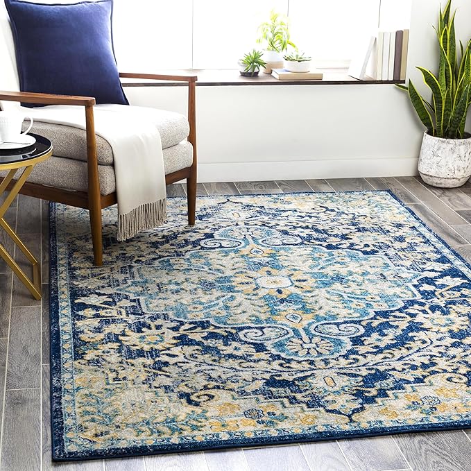 Livabliss Area Rugs - 8x10 Odelia Vintage Boho Blue Aqua Slate Area Rug for Living Room Bedroom - Floral Medallion Stain Resistant Carpet for Kitchen, Nursery, Office (7'10" x 10')