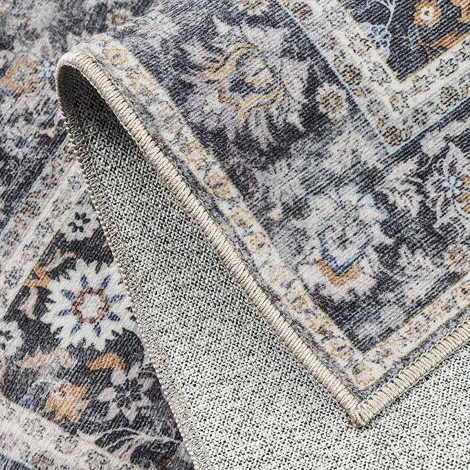 HUGEAR 2x3 Small Rug Machine Washable Area Rug Black Grey Entryway Rugs Entrance Door Mat Indoor Floral Low Pile Carpet Distressed Throw Rugs Kitchen Bedroom Office Non Slip