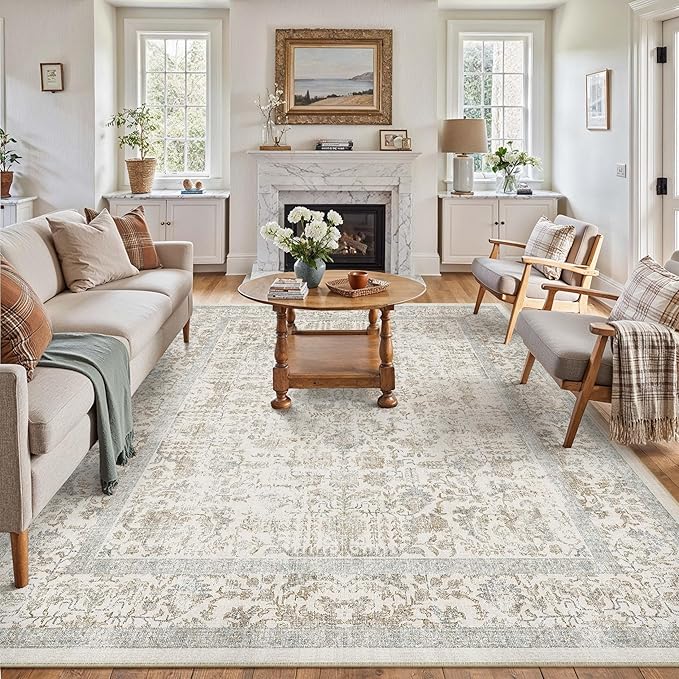 Taupe Area Rug 6x9 Machine Washable Vintage Living Room Distressed Non Slip Carpet Traditional Indoor Bedroom Retro Floral Accent Throw Large Rug for Office Kitchen Dining Room
