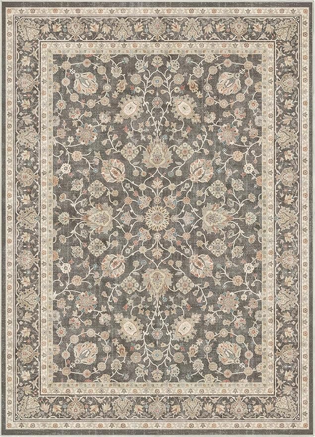 Well Woven Asha Rome Charcoal Brown 5'3" x 7'3" Area Rug - Oriental Floral Pattern, Easy Clean, Floor-Friendly Backing - for Living Room, Bedroom, and Dining Room