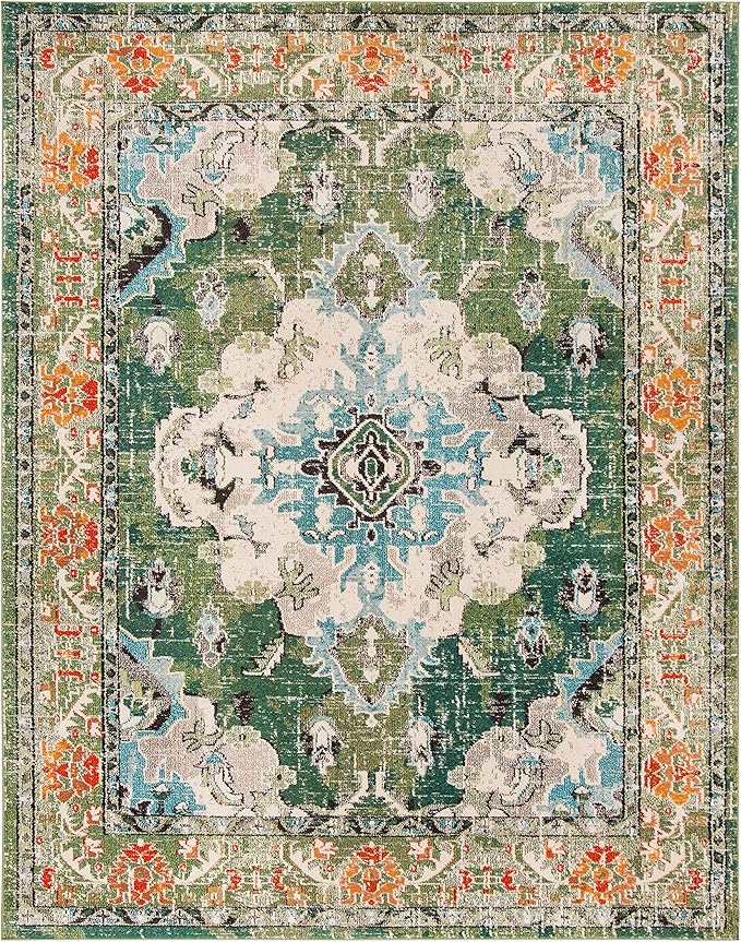 SAFAVIEH Monaco Collection X-Large Area Rug - 11' x 15', Forest Green & Light Blue, Medallion Distressed, Non-Shedding & Easy Care, Ideal for High Traffic Areas in Living Room, Bedroom (MNC243F)