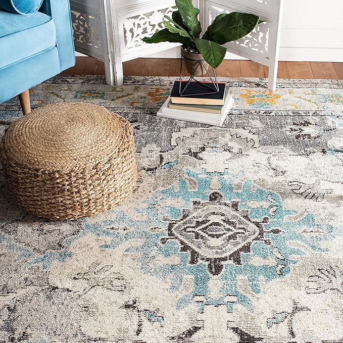 SAFAVIEH Monaco Collection Area Rug - 6'7" x 9'2", Grey & Light Blue, Boho Chic Medallion Distressed Design, Non-Shedding & Easy Care, Ideal for High Traffic Areas in Living Room, Bedroom (MNC243G)
