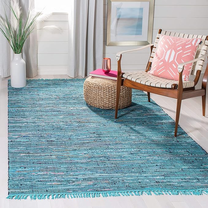 SAFAVIEH Rag Rug Collection Area Rug - 8' Square, Blue & Multi, Handmade Boho Stripe Cotton, Ideal for High Traffic Areas in Living Room, Bedroom (RAR121B)