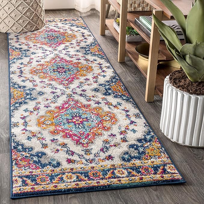 JONATHAN Y Boho Vintage Blue/Multi Runner Rug, 2x18, Bohemian Flair Medallion, Floral Easy-Cleaning High Traffic for Living Room, Bedroom, Kitchen, Pet-Friendly, Non Shedding (BMF106A-218)