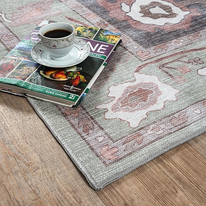 Fame Living Green Oushak Rug, Modern, Vintage, Turkish, Eclectic, Floral, Pastel, Washable, Area Rugs for Living Room, Dining, Bedroom, Office, Entryway, Foyer, Playroom, Nursery, 5'x6'9"