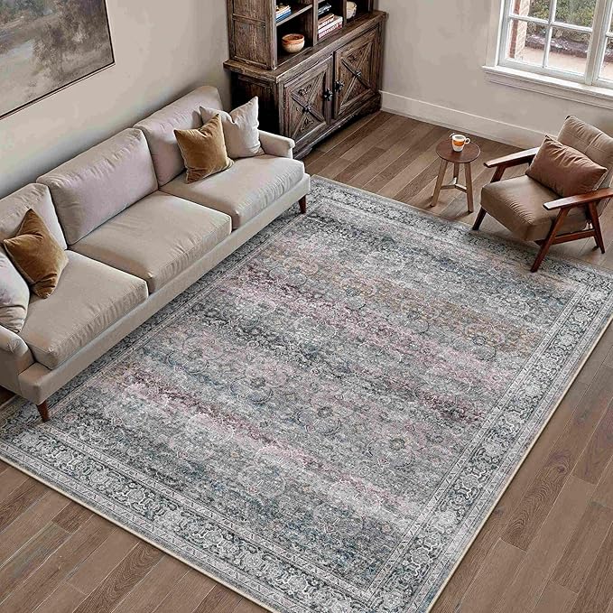 HUGEAR 6x9 Washable Area Rug Purple Vintage Neutral Distressed Carpet Living Room Bedroom Rug Soft Non Slip Low Pile Pet Friendly