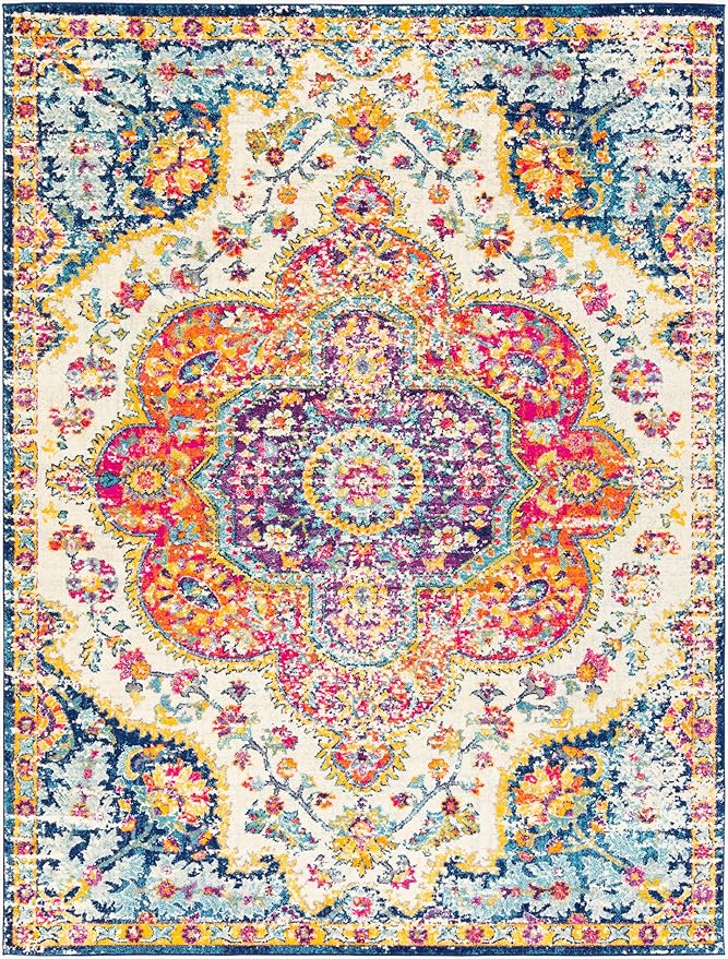 Livabliss Area Rugs - 4x6 Romaine Vintage Boho Fuchsia Mustard Blue Area Rug for Living Room Bedroom - Floral Medallion Stain Resistant Carpet for Kitchen, Nursery, Office (3'11" x 5'7")