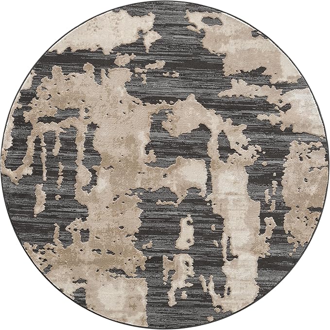 Abani Terra Cream Area Rug for Living Room, Bedroom - Black Abstract Pattern - 6' Round - Durable & Easy to Clean