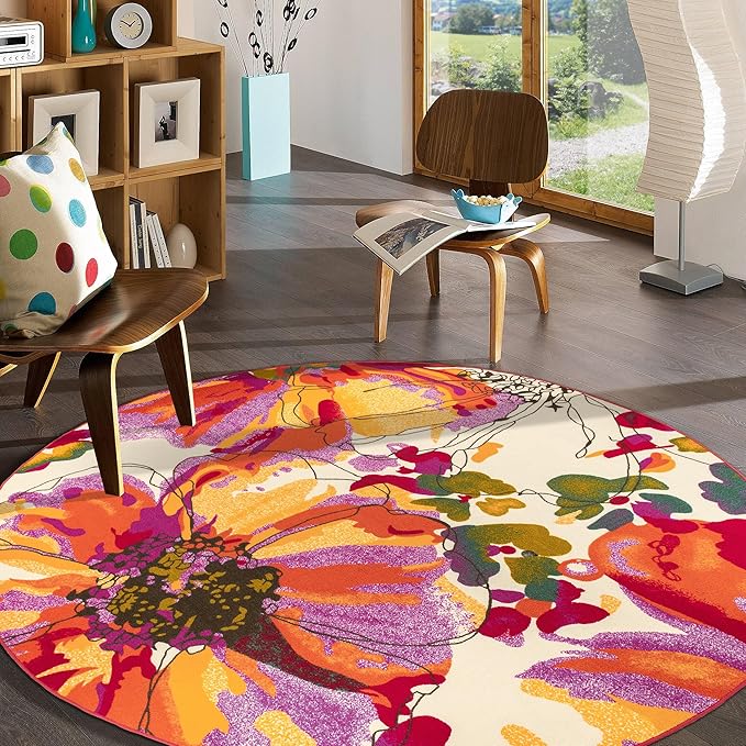 Rugshop Multi Bright Flowers Non Slip Non-Shedding Round Area Rug for Living Room, Dining Room and Bedroom, 8'