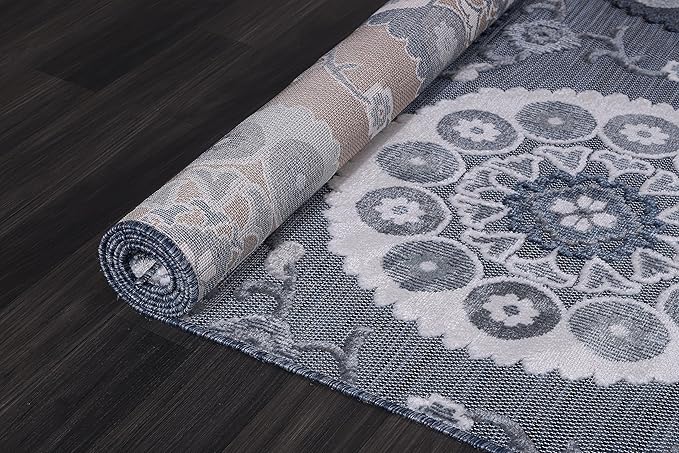 CAMILSON Indoor Outdoor Rug 8x10 Bohemian Medallion Floral Area Rugs for Indoor and Outdoor Patios Easy-Cleaning Non-Shedding Living Room Garden and Kitchen Washable Outside Carpet (8 x 10 / Navy)