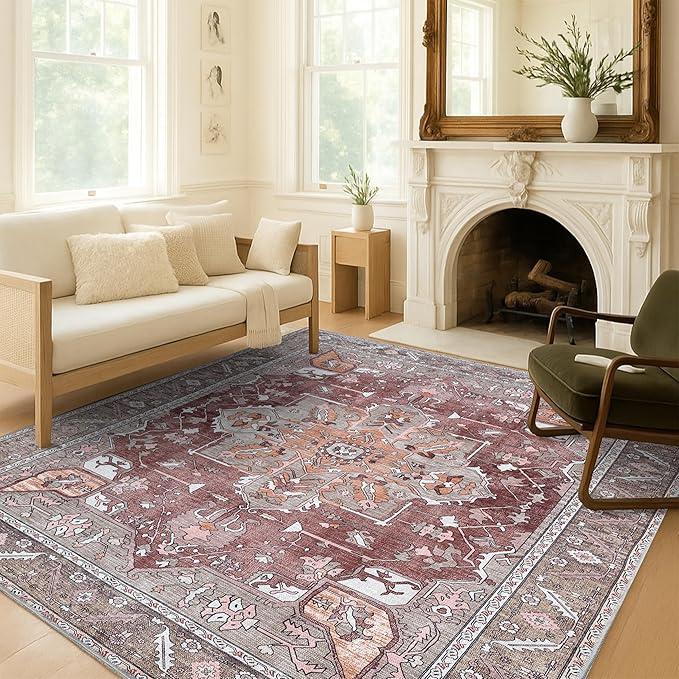 Washable Area Rug. Modern Farmhouse. Vintage. Turkish. Bohemian. Distressed. Oriental. Traditional. Rugs for Living Room. Dining. Bedroom. Office. Entryway. Foyer. (857RB, 9' x 12')
