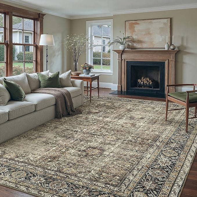 Vintage Area Rug 10x14 Brown Washable Living Room Large Carpet Non Slip Bedroom Indoor Office Low Pile Traditional Distressed Retro Accent Rug for Dining Room
