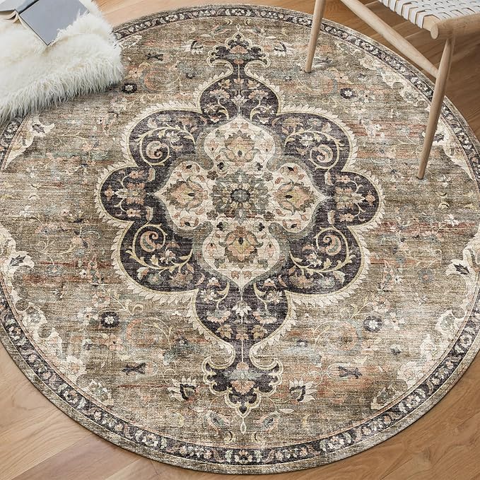 ReaLife Rugs Machine Washable Area Rug - Living Room Bedroom Bathroom Kitchen Entryway Office - Non Slip Low Pile Stain Resistant Premium - Boho Farmhouse Vintage - Joy - Brown Beige 6' Round