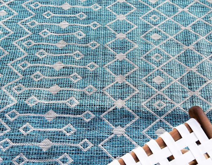 Unique Loom Outdoor Trellis Collection Area Rug - Tribal Trellis (8' x 11' 4" Rectangle, Teal/ Ivory)