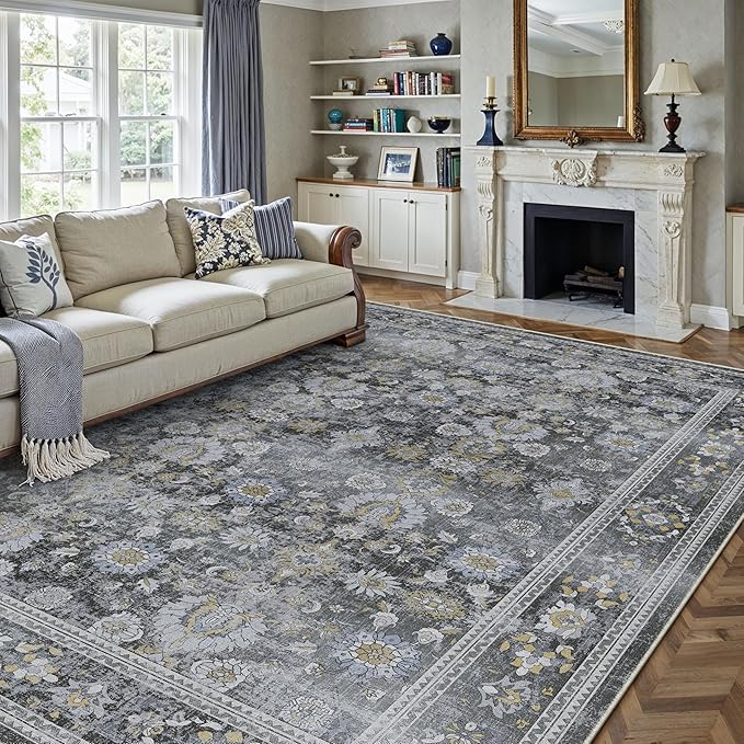 HUGEAR 6x9 Area Rug Black Vintage Machine Washable Living Room Retro Rugs Distressed Floral Vacuumable Low Pile Carpet Bedroom Office Dining Room Laundry Room Non Slip Soft Lightweight