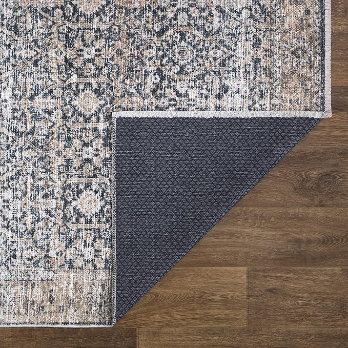 Bloom Rugs Caria Washable Non-Slip 3x5 Rug - Dark Blue/Tan Traditional Area Rug for Living Room, Bedroom, Dining Room, and Kitchen - Exact Size: 3' x 5'