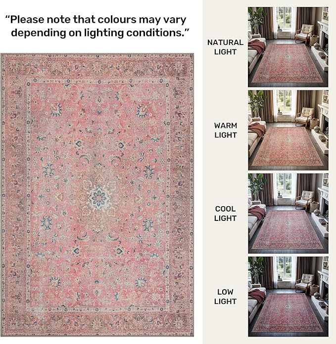GLN Rugs Traditional Collection - Machine Washable Area Rug, Traditional Washable, Non Slip, Low Pile Chenille Rug, Living Room, Bedroom, Kitchen Rug (2'6" x 10' Pink/Cream)