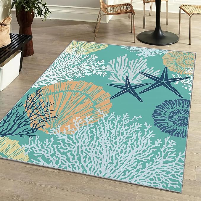 Tritard Coastal Area Rugs Nautical Beach Themed Non-Slip Machine Washable Rugs Modern Floor Carpet for Living Room Bedroom, 5x7, Teal and Turquoise