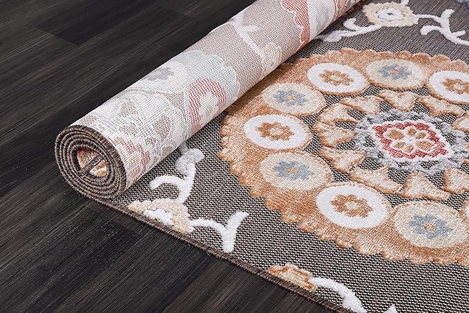 CAMILSON Indoor Outdoor Rug 8x10 Bohemian Medallion Floral Area Rugs for Indoor and Outdoor Patios Easy-Cleaning Non-Shedding Living Room Garden and Kitchen Washable Outside Carpet (8 x 10 / Brown)
