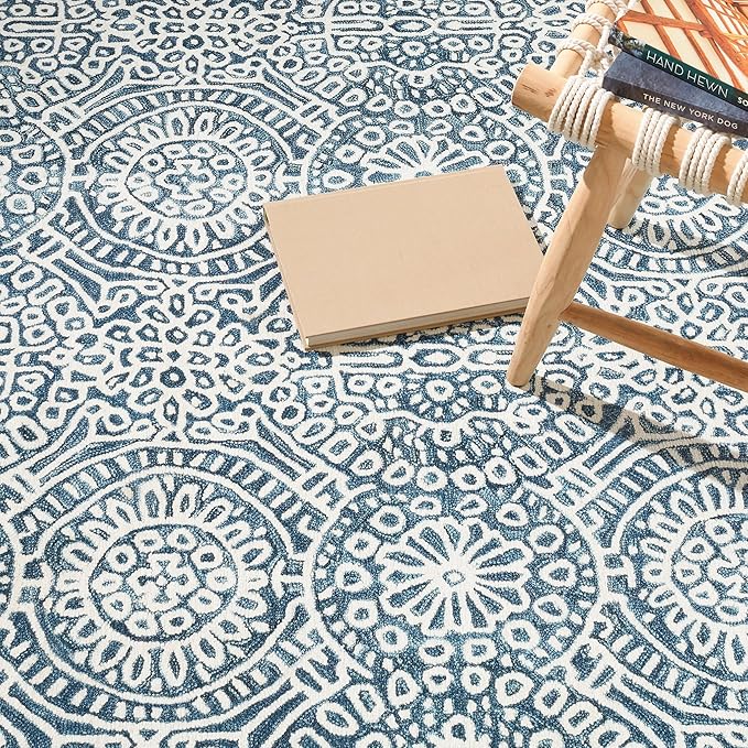 Dash & Albert Temple Ink Machine Washable Rug, 7.5 X 9.5 Feet, Blue Geometric Pattern
