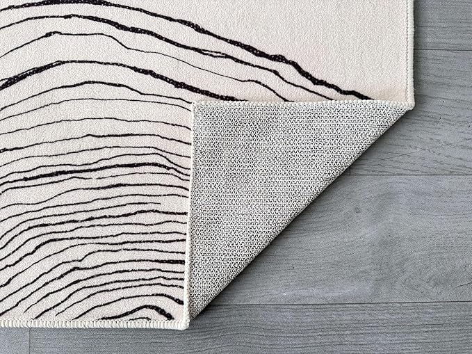 GLN Rugs Contemporary Collection - Machine Washable Area Rug, Contemporary Washable, Non Slip, Low Pile Chenille Rug, Living Room, Bedroom, Kitchen Rug (9' x 12' Beige Black)