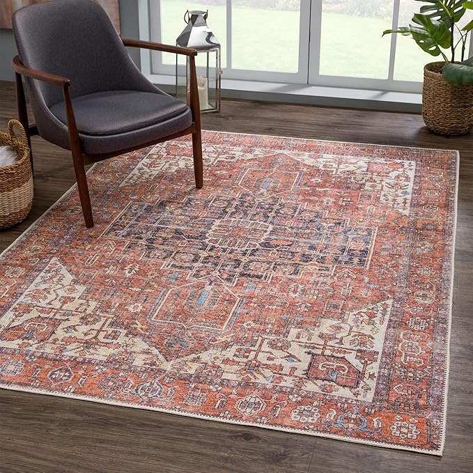 Bloom Rugs Washable 6' x 9' Rug - Red/Orange/Beige Traditional Area Rug for Living Room, Bedroom, Dining Room, and Kitchen - Exact Size: 6' x 9'