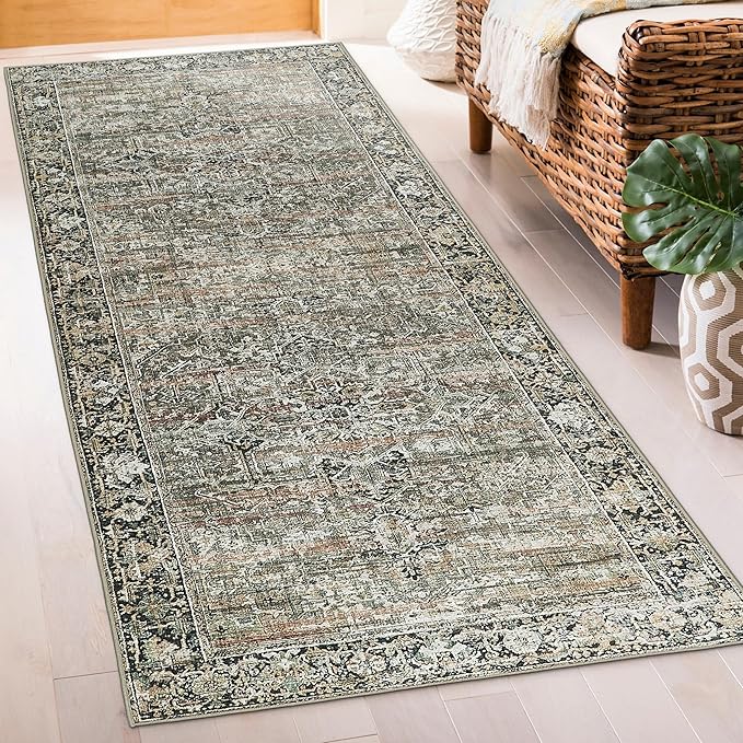 ReaLife Rugs Machine Washable Area Rug Runner - Living Room Bedroom Bathroom Kitchen Entryway Office - Padded Low Pile Stain Resistant Premium - Boho Farmhouse Vintage - Lyle - Brown 2'6" x 8'