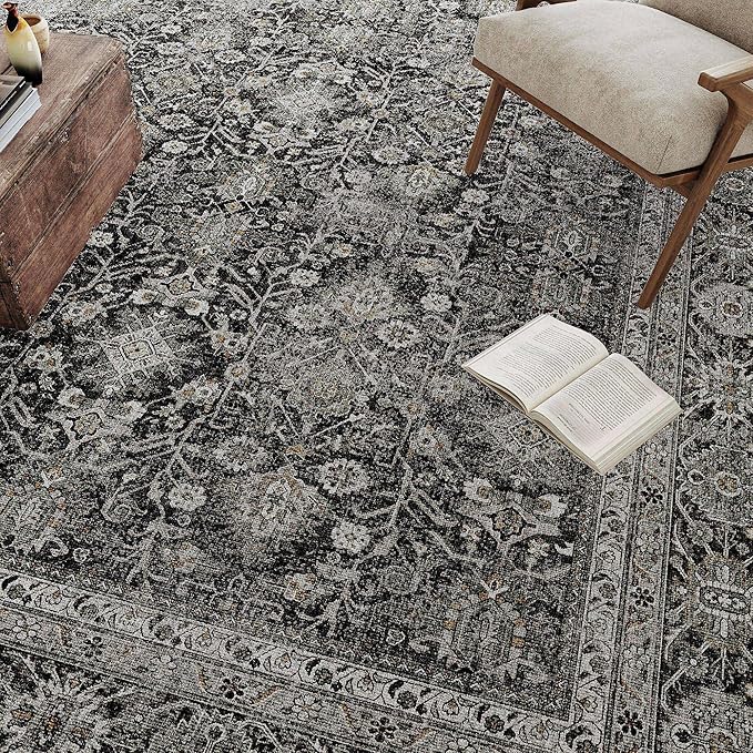 Vintage Area Rug 5x7 Black Washable Living Room Large Carpet Non Slip Bedroom Indoor Office Low Pile Traditional Distressed Retro Accent Rug for Dining Room Bathroom Kitchen