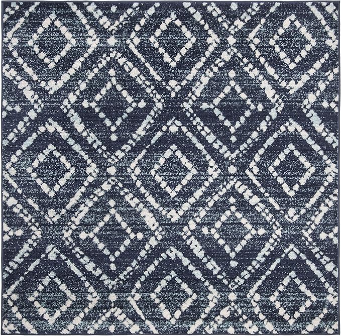 SAFAVIEH Adirondack Collection Area Rug - 10' Square, Navy & Ivory, Modern Diamond Distressed Design, Non-Shedding & Easy Care, Ideal for High Traffic Areas in Living Room, Bedroom (ADR131N)