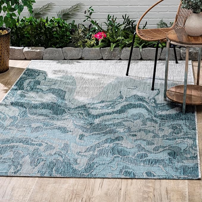 FH Home Outdoor Rug - Waterproof Easy to Clean Stain Resistant - Patio Indoor Outdoor Porch Deck Balcony Entryway - Modern Abstract - Freeport - Blue - 7ft 8in x 9ft 8in