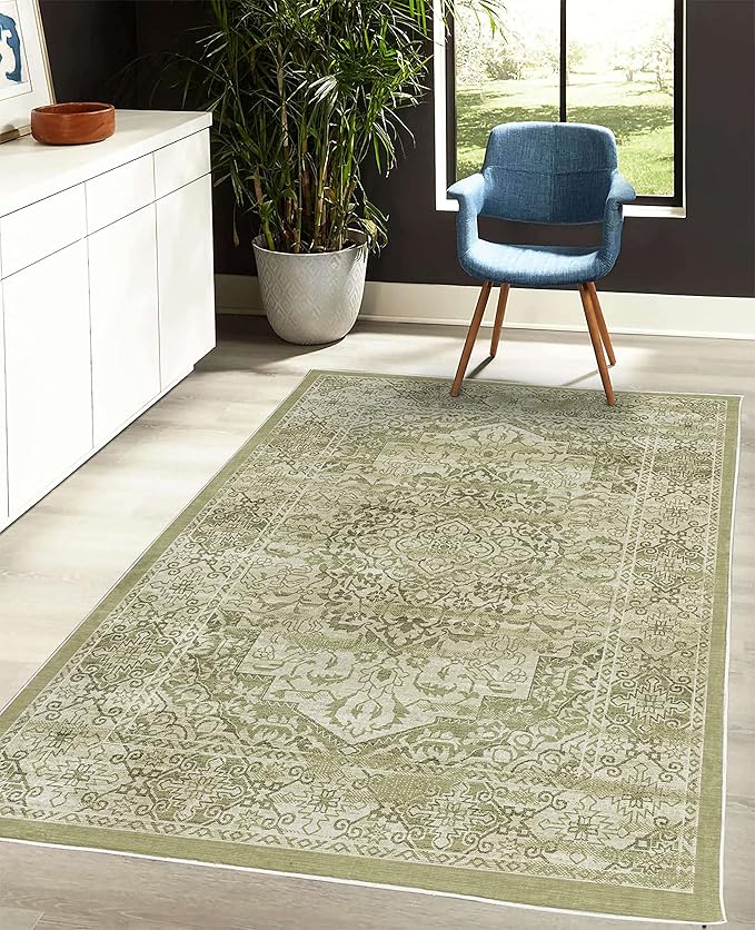 Ambesonne Victorian Decorative Rug, Floral Swirls Weathered Look Blooming Vintage Style Leaves Illustration, Quality Carpet for Bedroom Dorm and Living Room, 4' X 5' 5", Khaki Olive Green