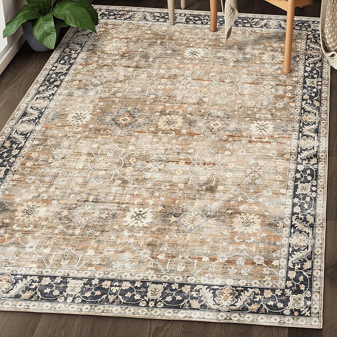 ReaLife Rugs Machine Washable Area Rug - Living Room Bedroom Bathroom Kitchen Entryway Office - Padded Low Pile Stain Resistant Premium - Boho Farmhouse Vintage - BEV - Beige Tan Brown 5' x 7'