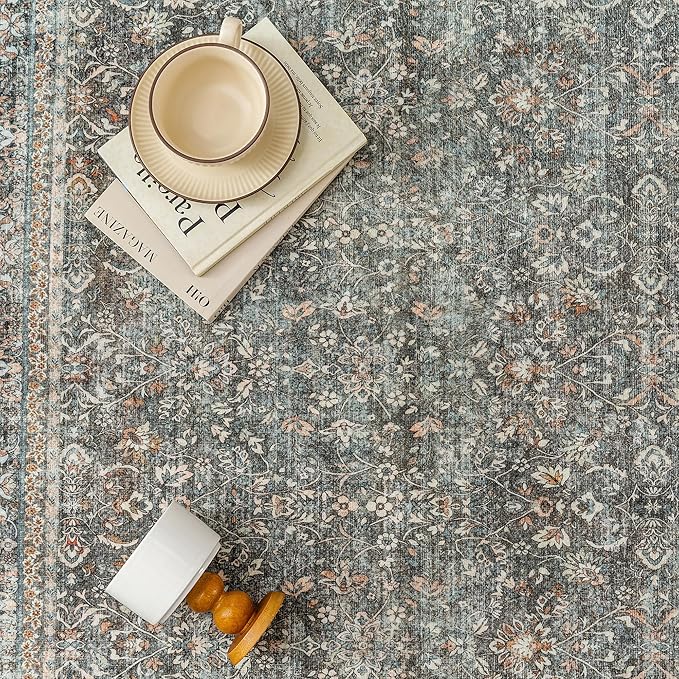 Area Rug 5x7 Gray Living Room Washable Vintage Carpet Non Slip Indoor Retro Traditional Grey Accent Throw Large Rug for Office Kitchen Bedroom Dining Room