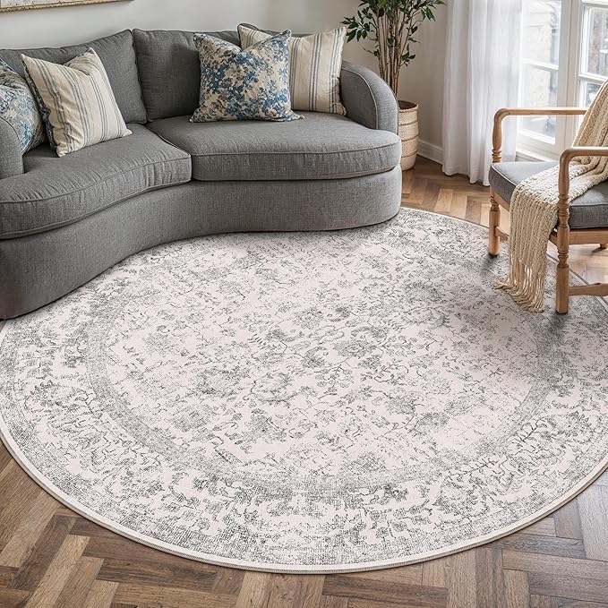 Grey Round Area Rug 3ft Entryway Door Mat Small Circle 3x3 Kitchen Vintage Carpet Non Slip Indoor Bedroom Washable Distressed Floral Retro Accent Throw Rug Office Bathroom