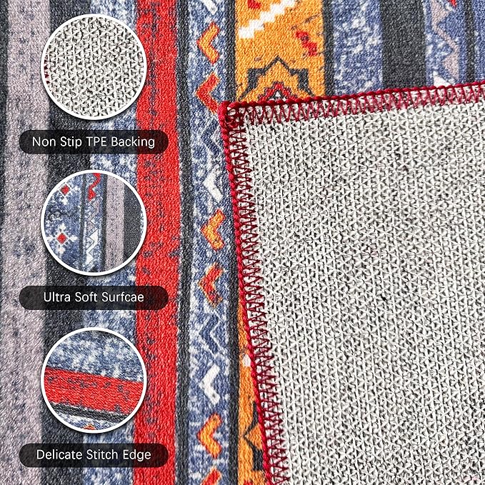 RUGSURE Washable Area Rugs 4' x 6' - 1/6 Thick - Moroccan-Inspired -Stain & Water Resistant Non-Slip - Resistant Rug for Living Room, Bedroom, Nursery, Pet & Child Friendly (Blue and Red)