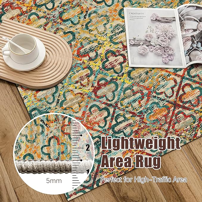 RUGSURE Washable Area Rugs, 4' x 6' - 1/6 Thick - Stain & Water Resistant Non-Slip - Perfect Resistant Rug for Living Room, Bedroom, Nursery, Pet & Child Friendly, Vibrant Colors Rugs, Multicolor