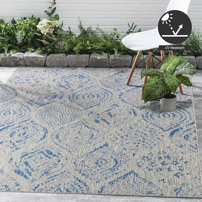FH Home Outdoor Area Rug - Waterproof Easy to Clean Stain Resistant - Patio Indoor Outdoor Porch Deck Balcony Entryway - Distressed Farmhouse - Granada - Blue - 7ft 8in x 9ft 8in