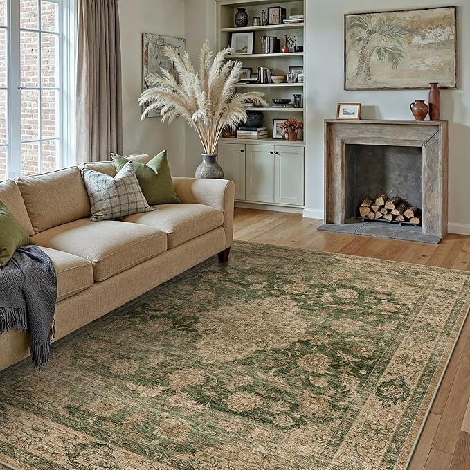 HUGEAR Retro Green Area Rug 6x9 Machine Washable Living Room Rugs Distressed Vintage Floral Low Pile Carpet Bedroom Office Dining Room Laundry Room Non Slip Soft Lightweight