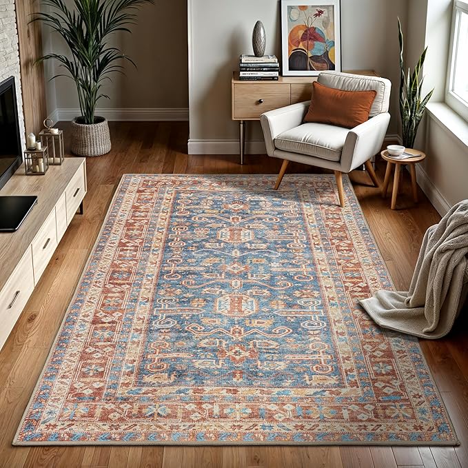 GLN Rugs Traditional Collection - Machine Washable Area Rug, Traditional Washable, Non Slip, Low Pile Chenille Rug, Living Room, Bedroom, Kitchen Rug (3' x 5' Terra/Slate Blue)