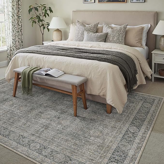 Vintage Area Rug 8x10 Grey Brown Washable Living Room Large Carpet Non Slip Bedroom Indoor Office Low Pile Traditional Distressed Retro Accent Rug for Dining Room
