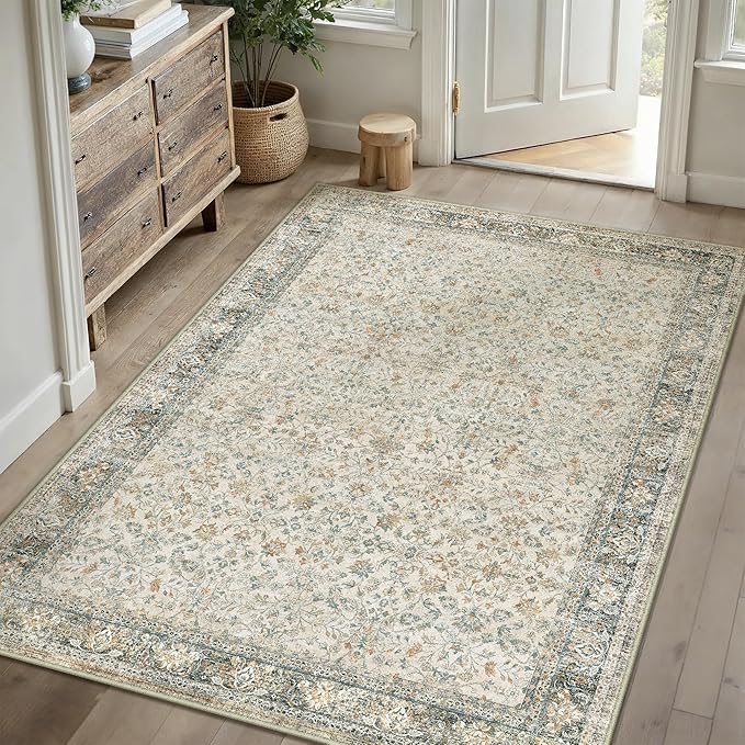 Beige Area Rug 5x7 Living Room Machine Washable Vintage Carpet Non Slip Indoor Retro Traditional Accent Throw Large Rug for Office Kitchen Bedroom Dining Room