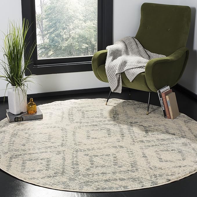 SAFAVIEH Adirondack Collection 4' Round Ivory / Light Blue ADR131T Modern Diamond Distressed Non-Shedding Dining Room Entryway Foyer Living Room Bedroom Area Rug