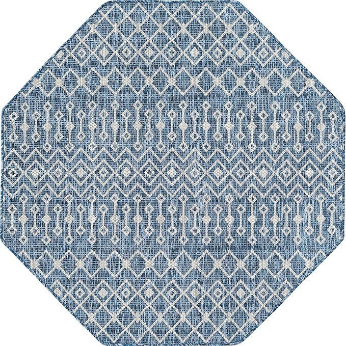 Unique Loom Outdoor Trellis Collection Area Rug - Tribal Trellis (5' 1" Octagon, Blue/ Ivory)