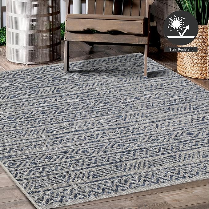 FH Home Flat Woven Outdoor Rug - Waterproof, Easy to Clean, Stain Resistant - Premium Polypropylene Yarn - Striped Boho - Large Patio, Deck, Sunroom - Amman - Blue - 7ft 8in x 9ft 8in