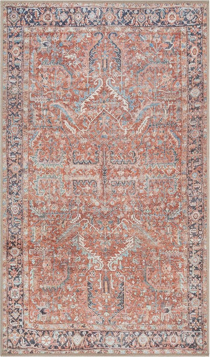 GLN Rugs Traditional Collection - Machine Washable Area Rug, Traditional Washable, Non Slip, Low Pile Chenille Rug, Living Room, Bedroom, Kitchen Rug (2'6" x 7' Terra/Multicolor 1168)