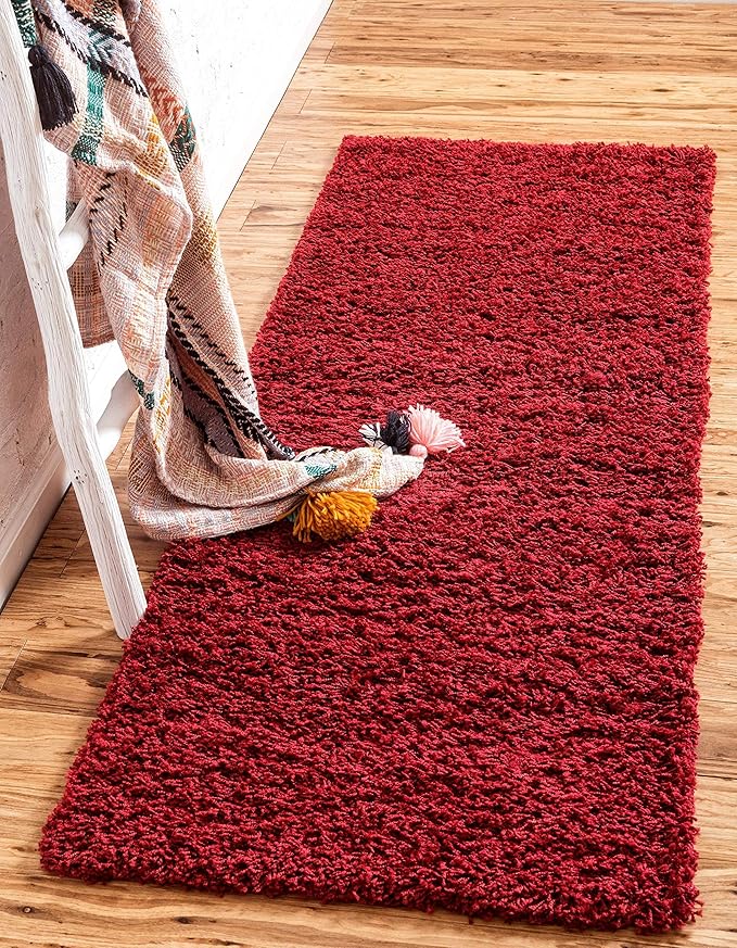 Unique Loom Solid Shag Collection Area Rug (2' 7" x 10' Runner, Cherry Red)