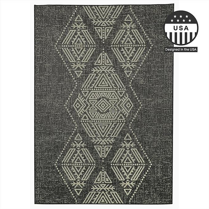 FH Home Flat Woven Outdoor Rug - Waterproof, Easy to Clean, Stain Resistant - Premium Polypropylene Yarn - Boho Moroccan - Large Patio, Deck, Sunroom - Ariana - Charcoal - 5ft 2in x 7ft 6in